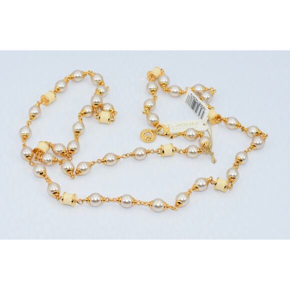 St. John Long Baroque Costume Enamel Pearl & Gold-Tone Link Necklace 45" NWT - Picture 3 of 6